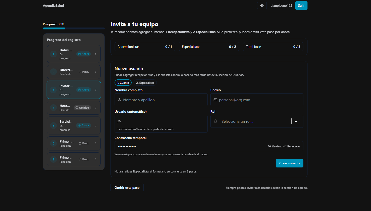 Pantalla para invitar al equipo a la plataforma