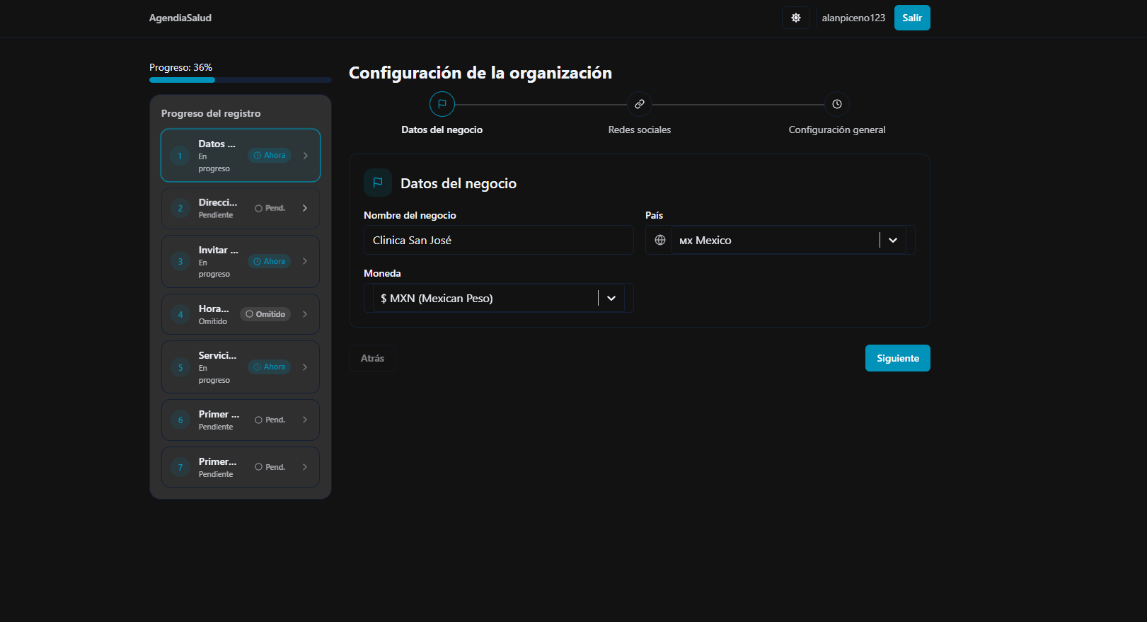 Configuración de datos del negocio en Agendia Salud