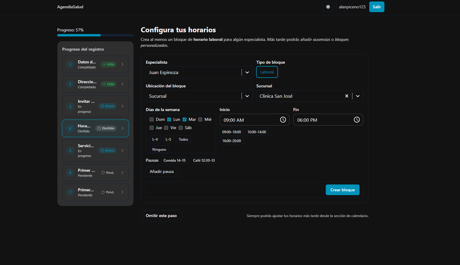Configuración de horarios y disponibilidad por profesional