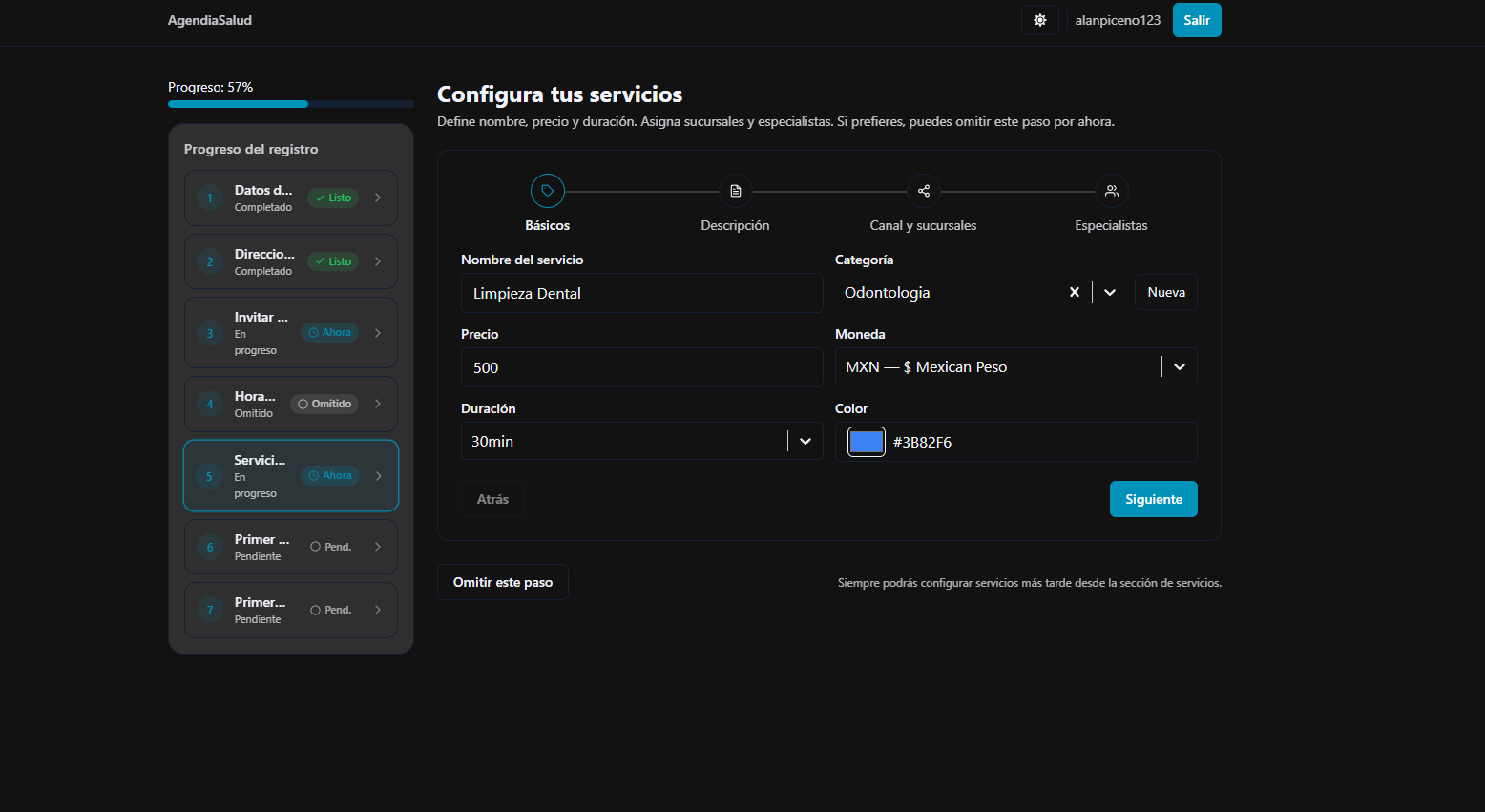 Listado de servicios configurados dentro de la agenda